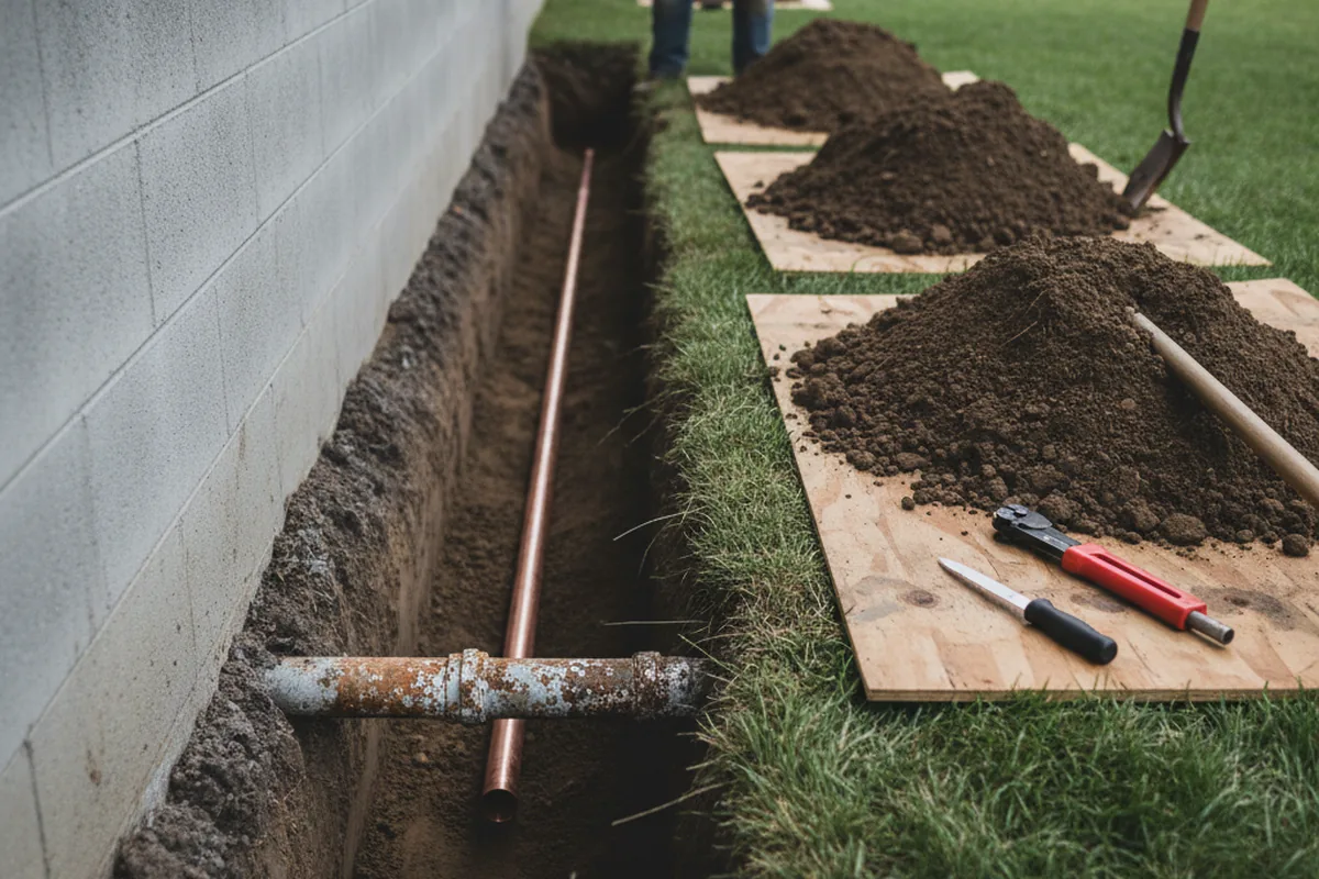 Excavated water line trench during Water Softener Installation in Muir